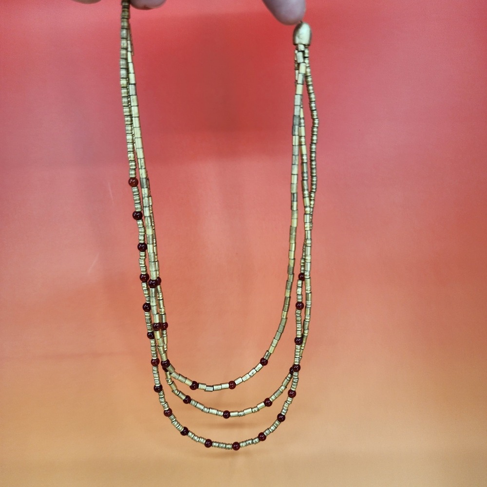 Carolee Gold Tone Red Beaded Triple Strand Necklace Layering Festival Statement